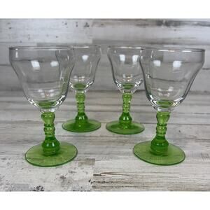 VINTAGE Uranium Glass Cordial Goblets Set of 4 Green Stem Glow Under UV 4.5”